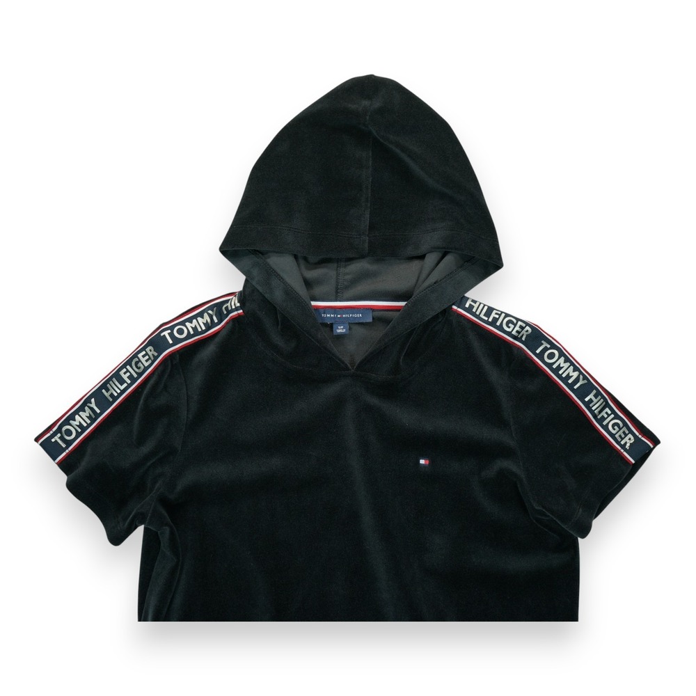 Tommy Hilfiger Captain‎ Black Velour Hooded Logo Tape Dress Size S Short Sleeve - Picture 3 of 6